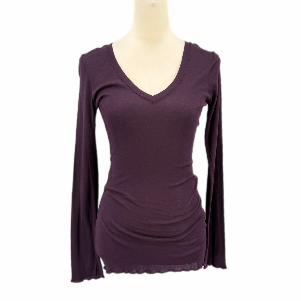 Sharon Segal Dark Purple Cotton Casual Basic Layering Simple Long Sleeve Tee